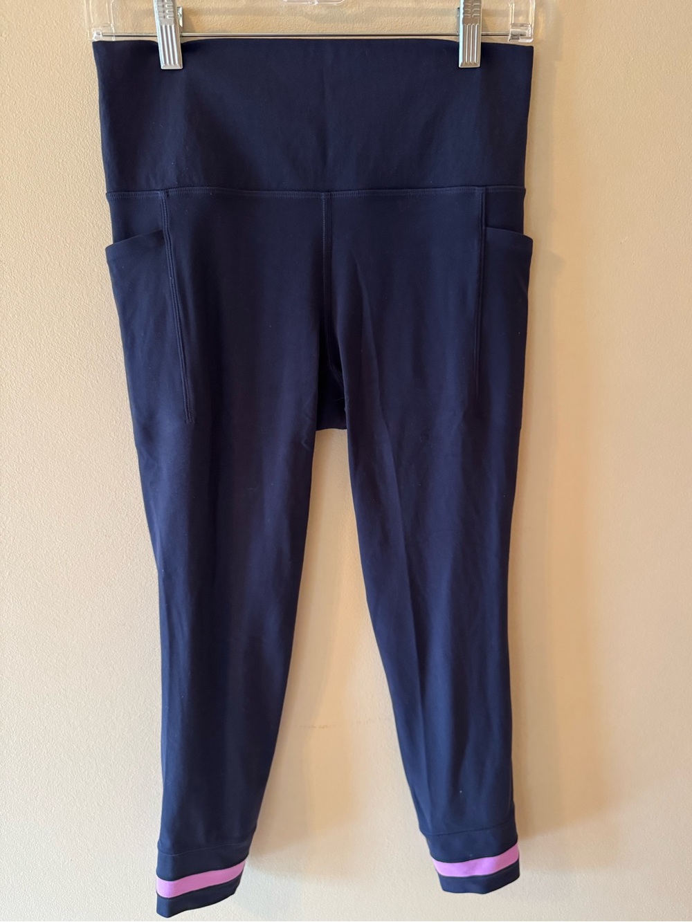Athleta Navy 7/8th Leggings with Lavender Hem Stripe